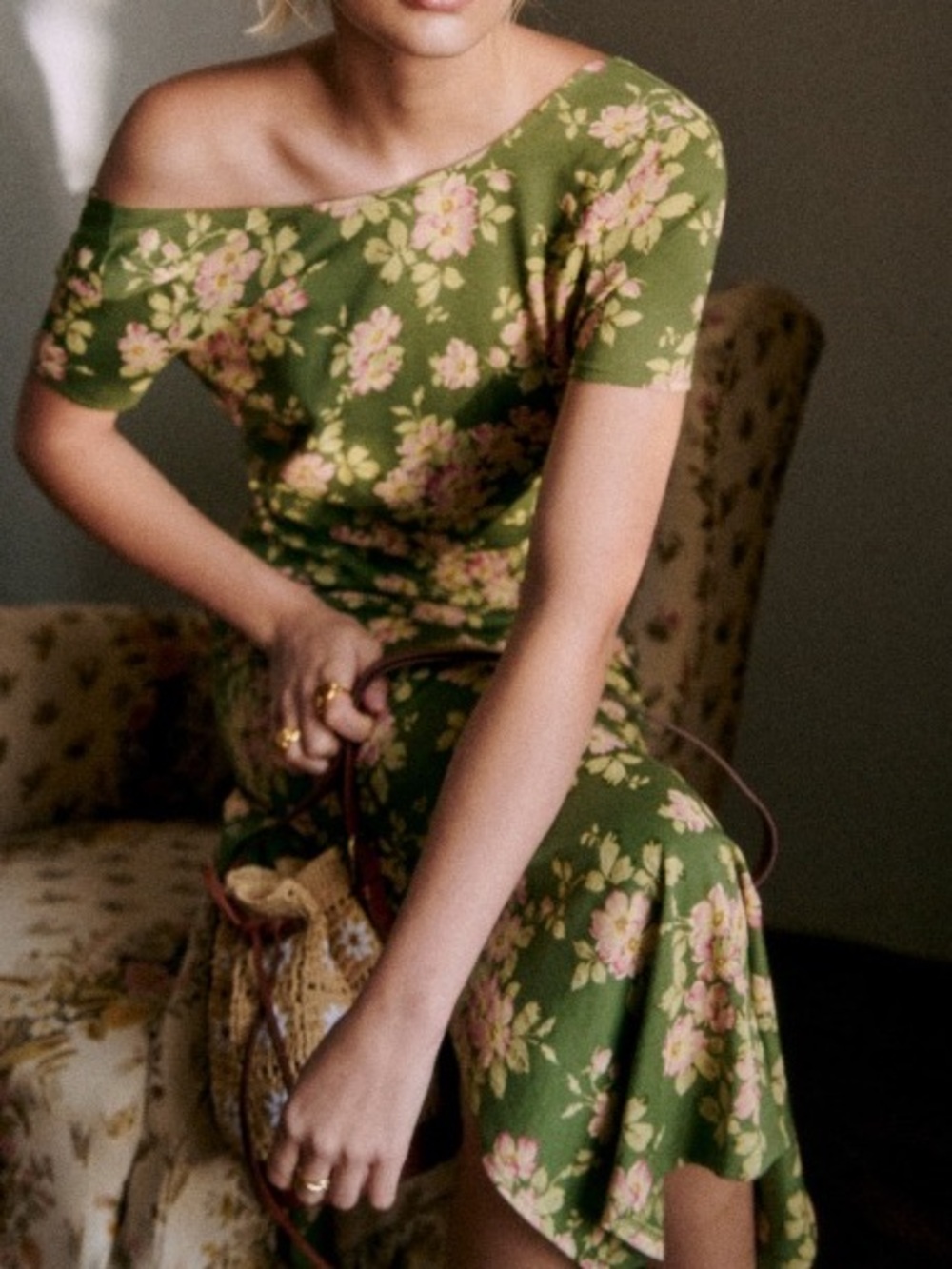 Sezane Olive Green Floral Backless Midi Dress with Pink Flowers - Picture 4 of 12